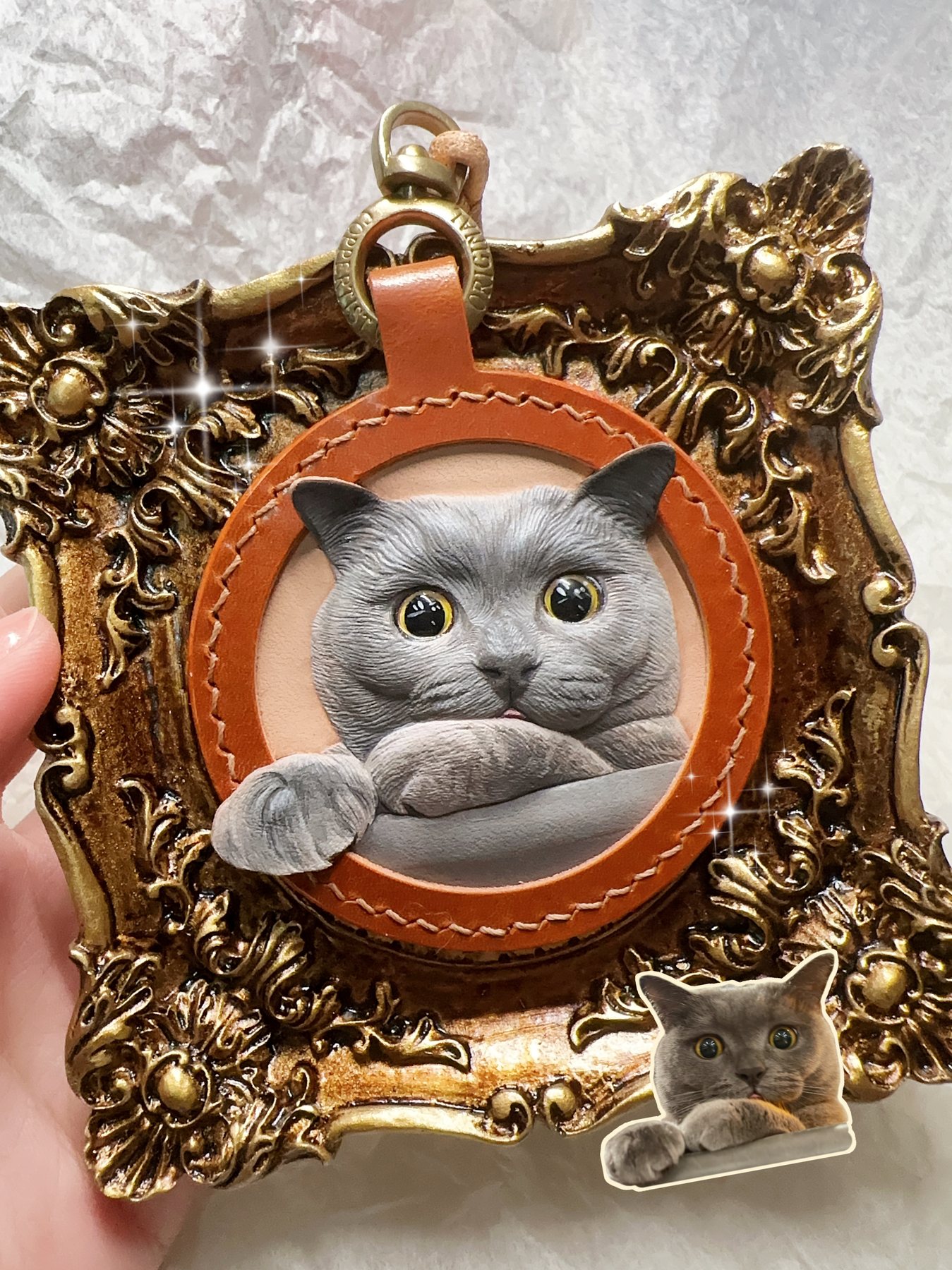 Leather portrait displayed in a decorative frame