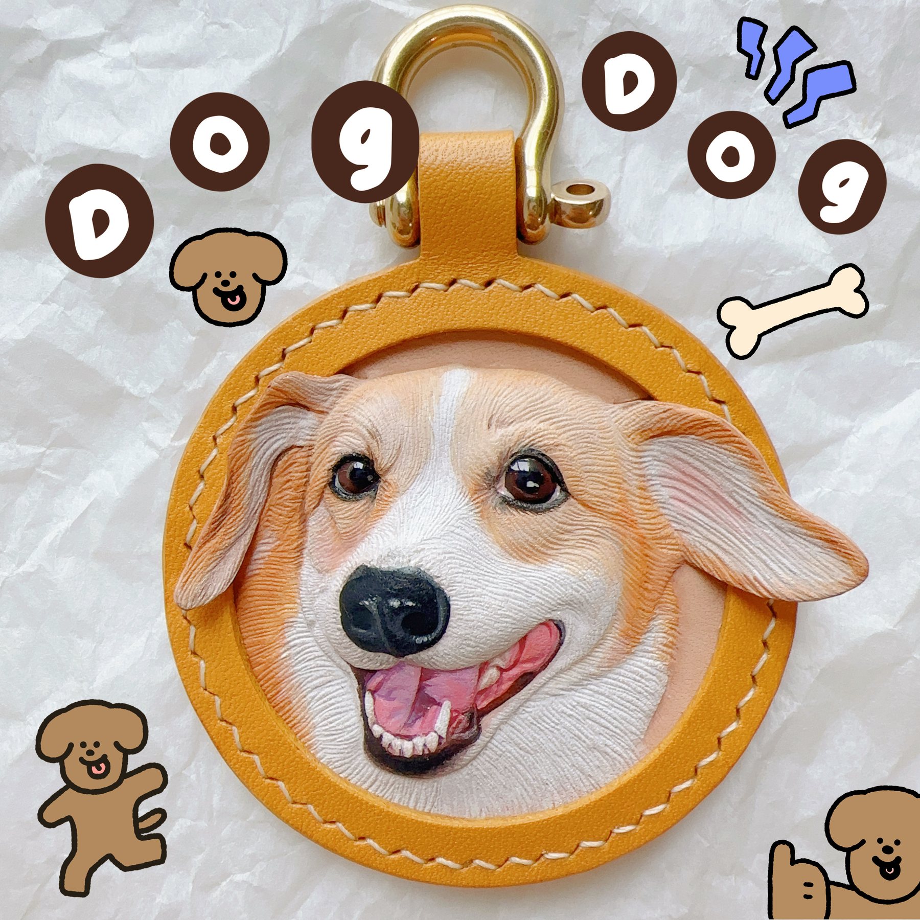 Hand-carved corgi portrait in a circular leather pendant