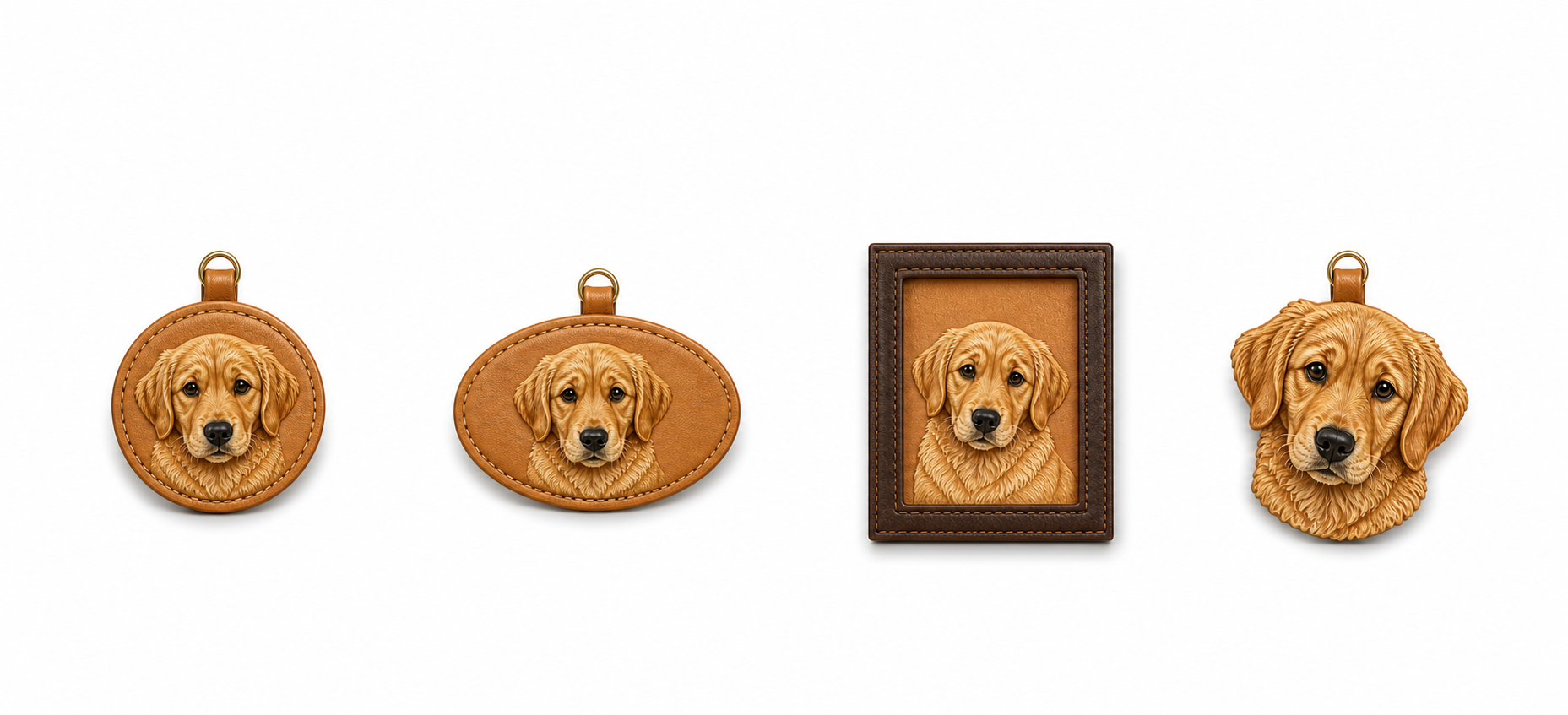 Four leather portrait formats: round, horizontal oval, framed and free-form